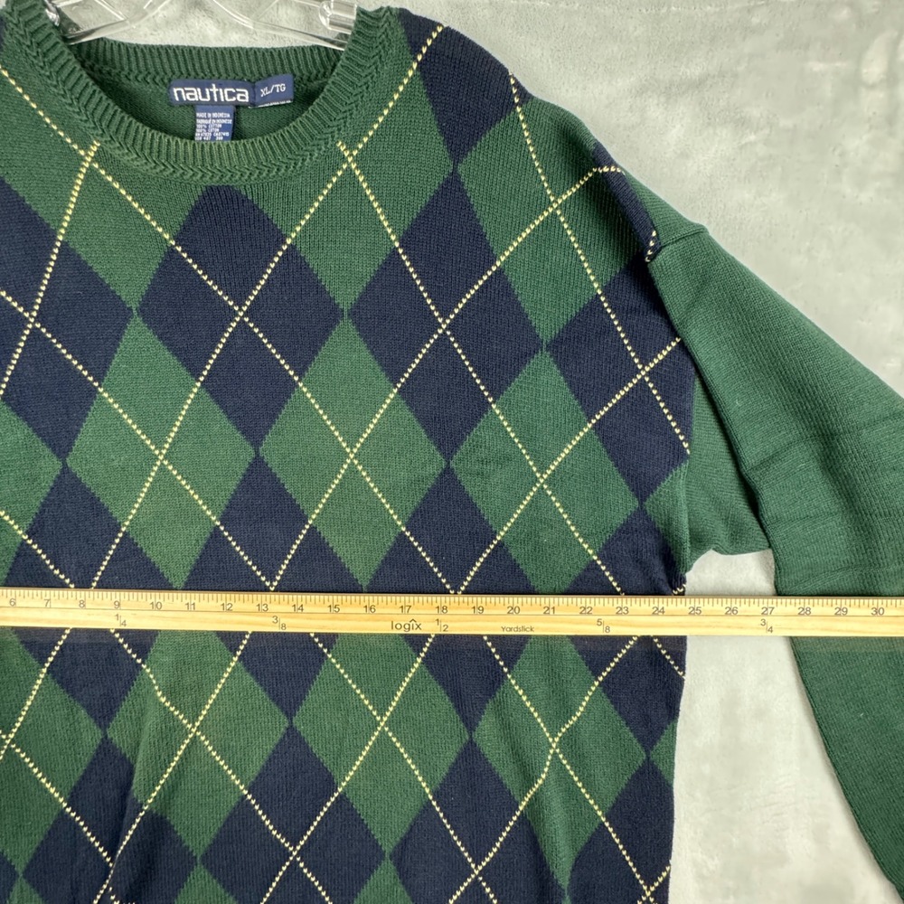 VTG Y2K Nautica Men's Argyle Sweater Green Navy Crew Neck Long Sleeve Cotton XL‎ - Picture 8 of 8